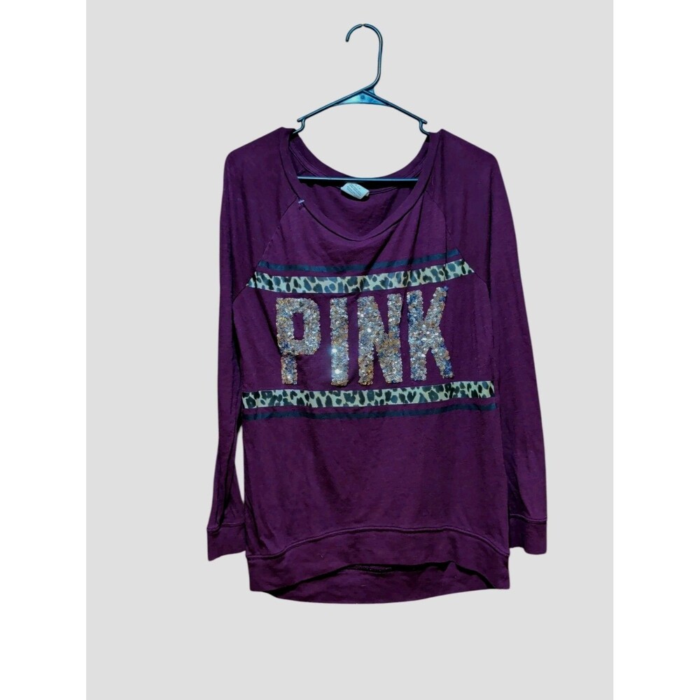 PINK Victoria's Secret Women Shirt SM Animal Print Sequin Crew Neck